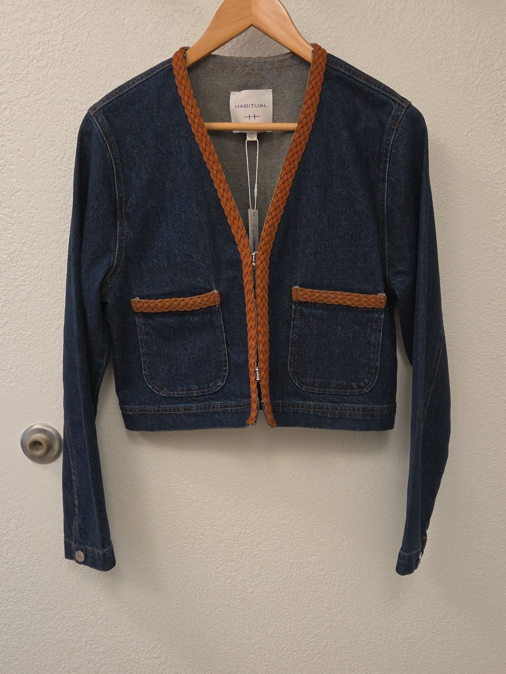 Habitual Dark Blue Denim Cropped Jacket with Braided Brown Trim